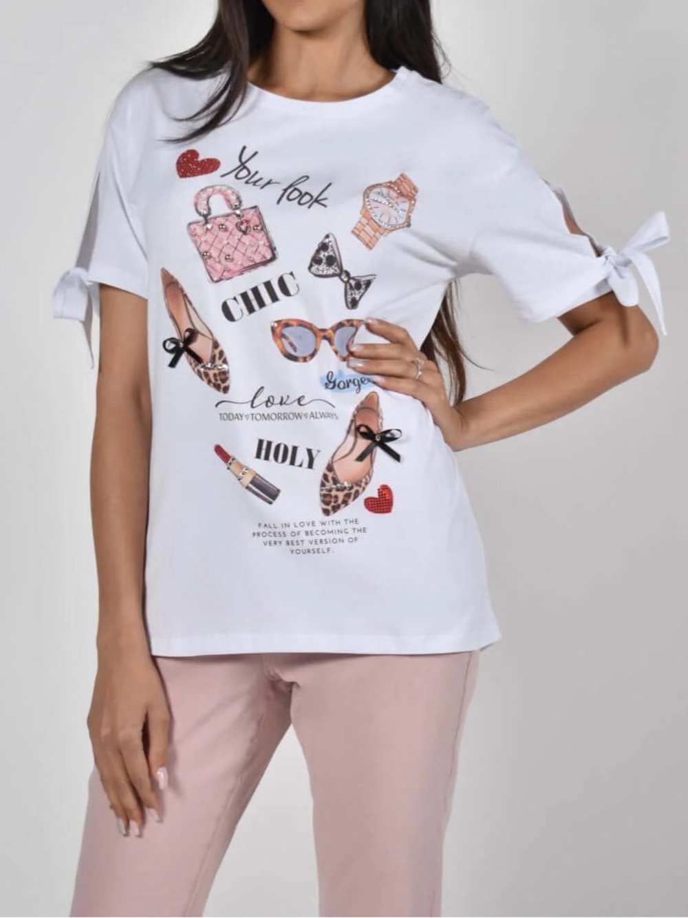 Frank Lyman Shirt Top Chic Fashion Graphic Tee White Bow Short Sleeve Large